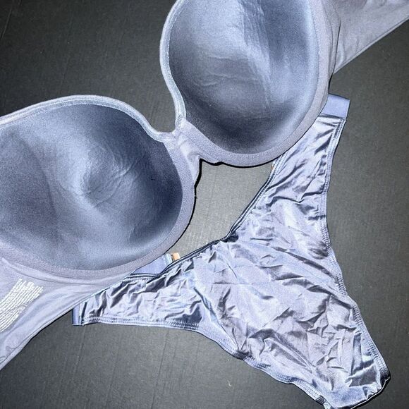 Victoria's Secret 34DDD BRA SET+Brazilian panty+long GOWN SLIP Gray BLUE Body By - Picture 3 of 3